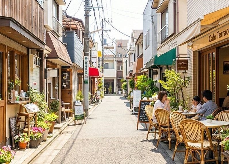 テラス席のあるカフェ通り